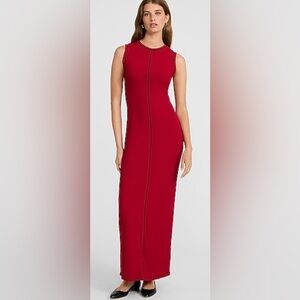 Express Red Ribbed Knit Maxi Dress W/ Black Piping/Sleeveless - Size S